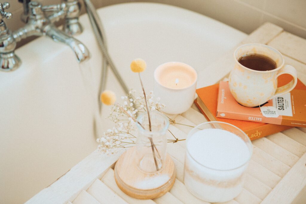 bathtub tray with tea and candle